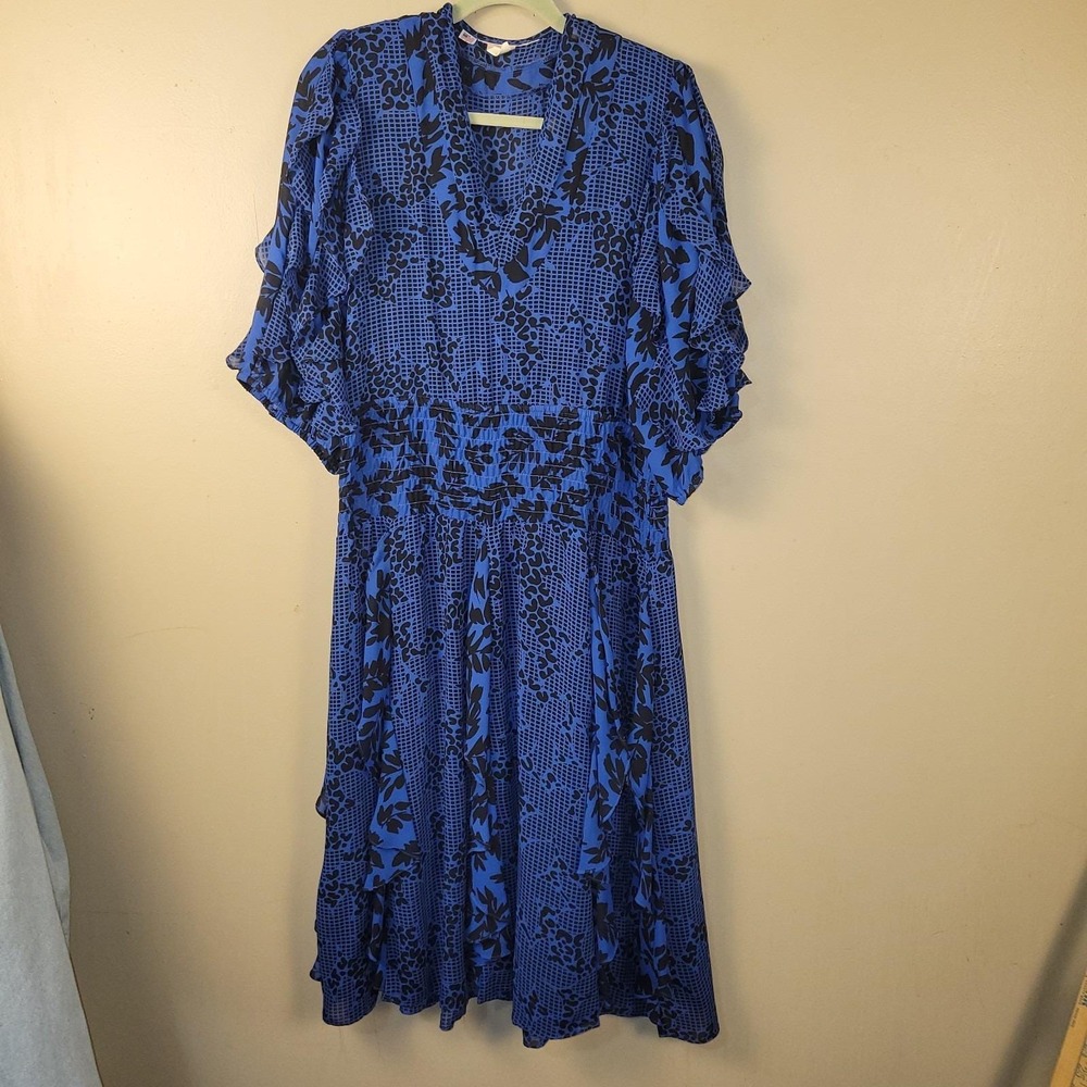 Made in USA Blue Black Abstract Animal Print Midi Dress Women's Medium...‎